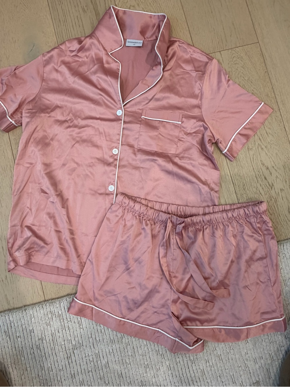 Delicacy Rose Pink Satin Short Pajama Set with White Piping